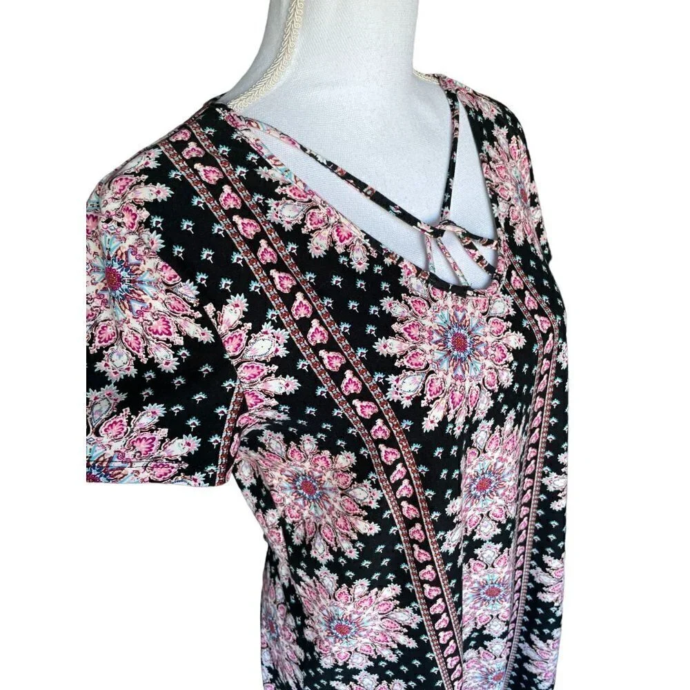 Pink Rose Dress Women's Size Large Short Sleeve Stretchy Black Pink Teal